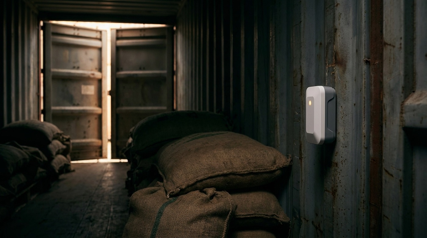 Jute coffee sacks inside a shipping container with a monitoring device mounted on the wall